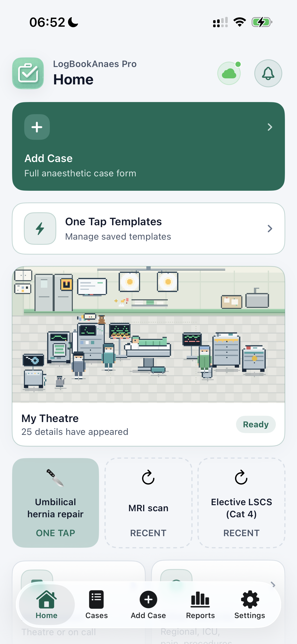 LogBookAnaes iPhone Home screen with Add Case, One Tap Templates and My Theatre