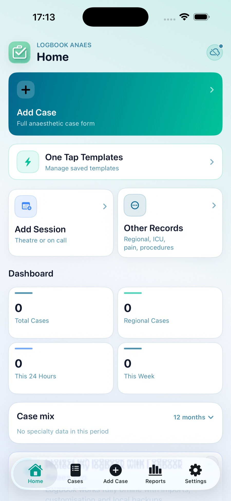 The LogBook Anaes iPhone Home screen with quick case entry, One Tap Templates, sessions and dashboard
