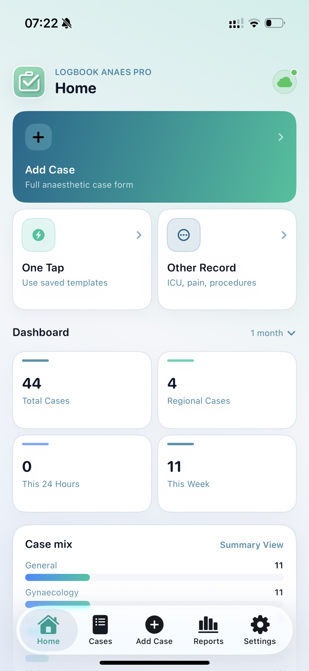 LogBook Anaes iOS home dashboard