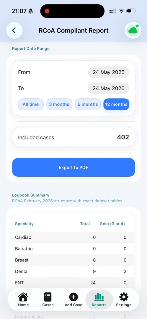 LogBook Anaes RCoA compliant report screen