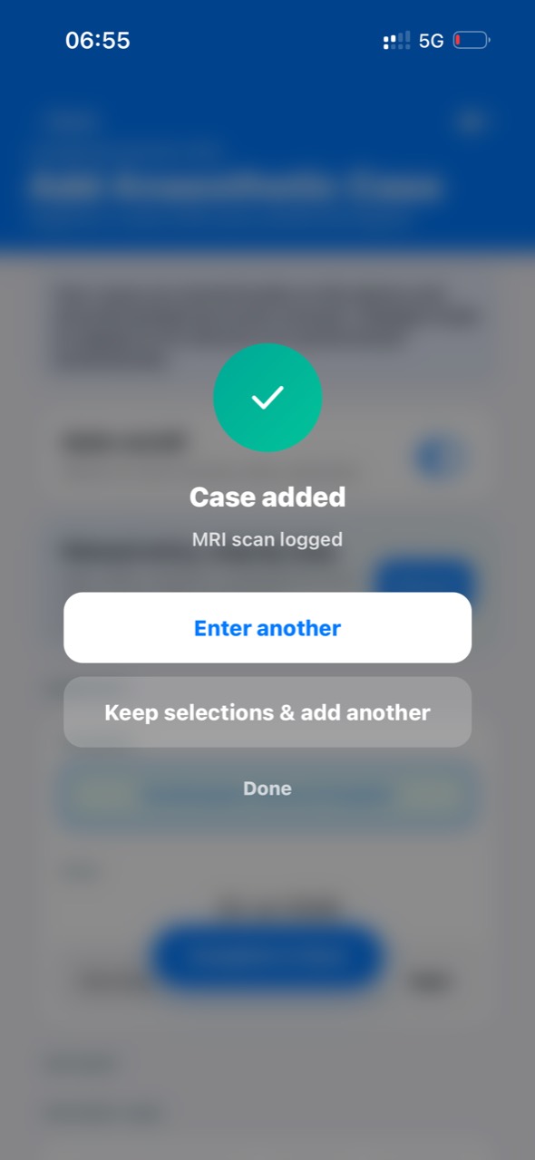 LogBookAnaes PWA phone screen confirming an MRI scan case has been added