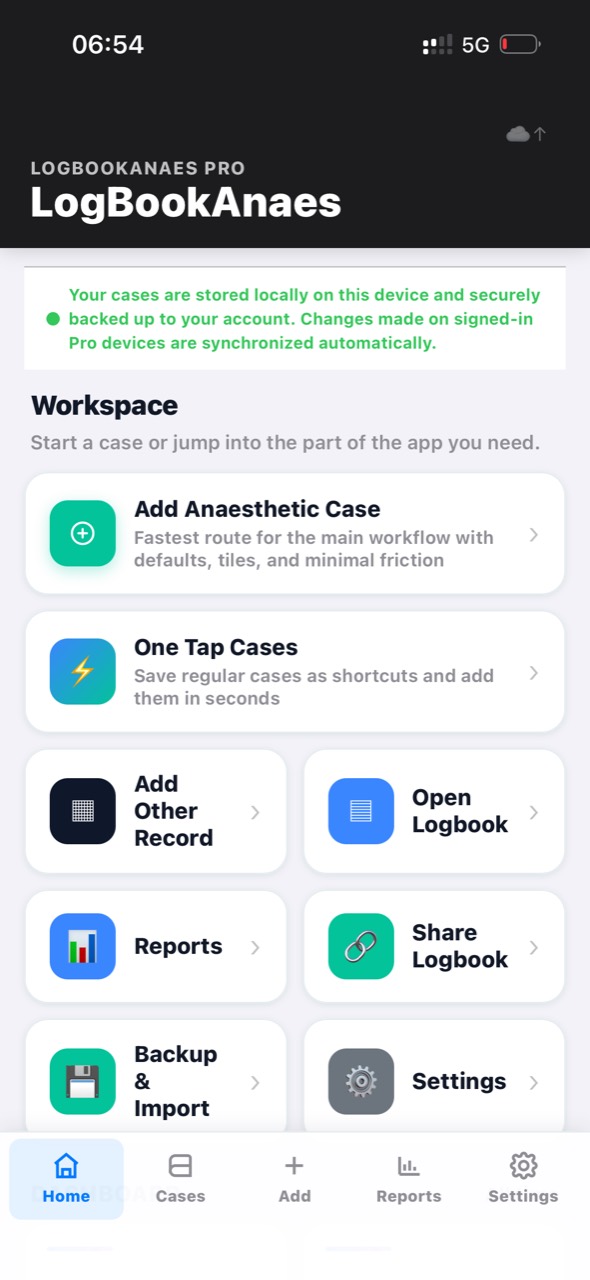 LogBookAnaes PWA phone workspace with case entry, logbook, reports and settings
