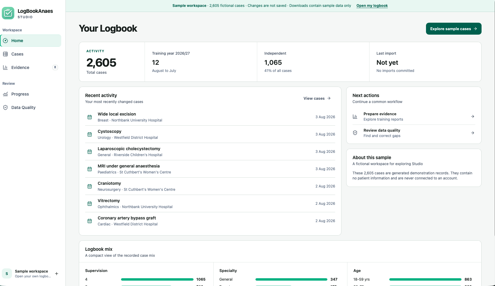 LogBookAnaes Studio desktop workspace showing 2,605 sample cases, recent activity and report preparation