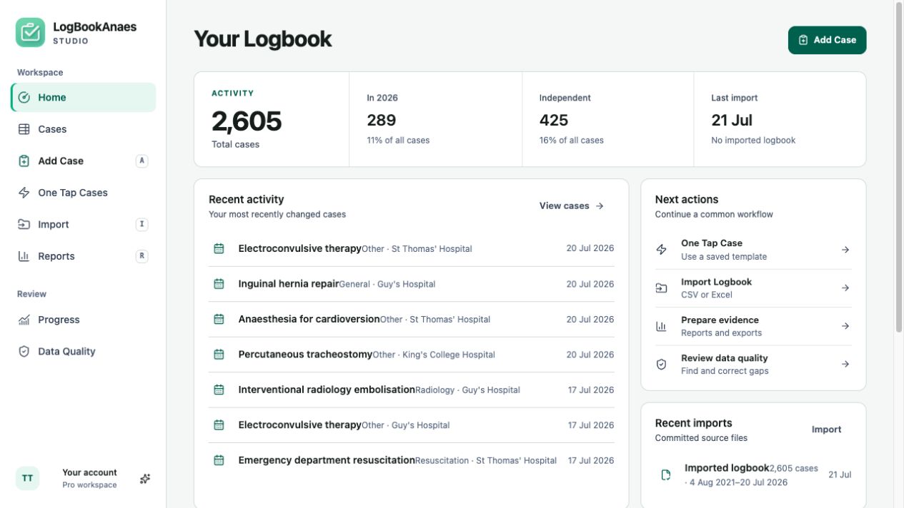 LogBookAnaes Studio desktop workspace showing activity, recent cases and next actions