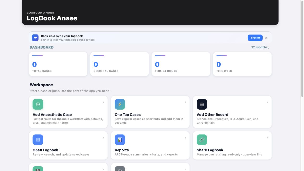 LogBook Anaes WebApp workspace showing dashboard and shortcuts for case entry, One Tap Cases and reports